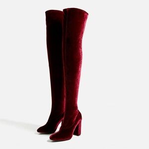 ZARA Over the Knee Maroon Velvet Boots